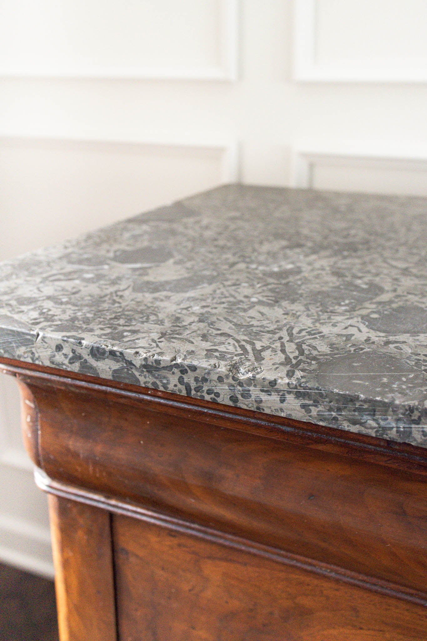 19th Century Black Marble Top Mahogany Commode with Ornate Bronze Detail