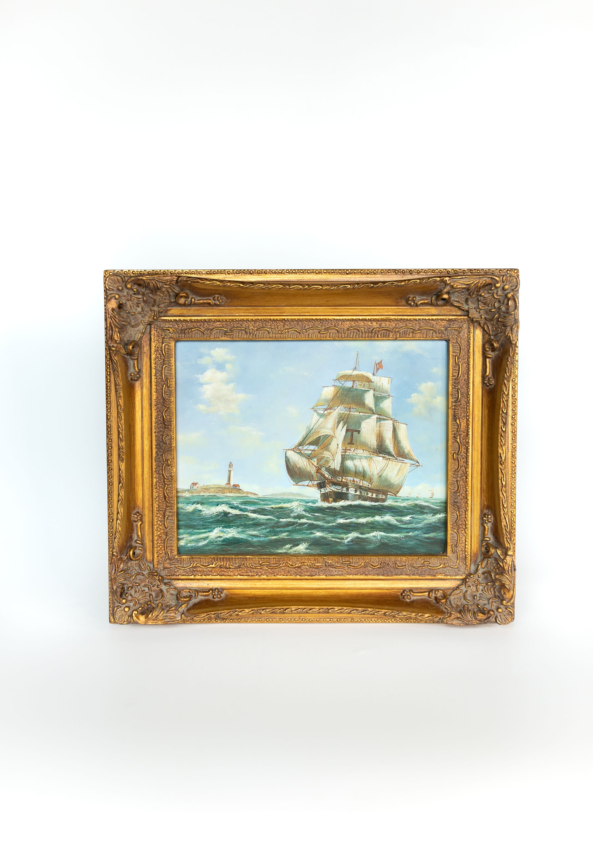 Framed Clipper Ship Oil Painting