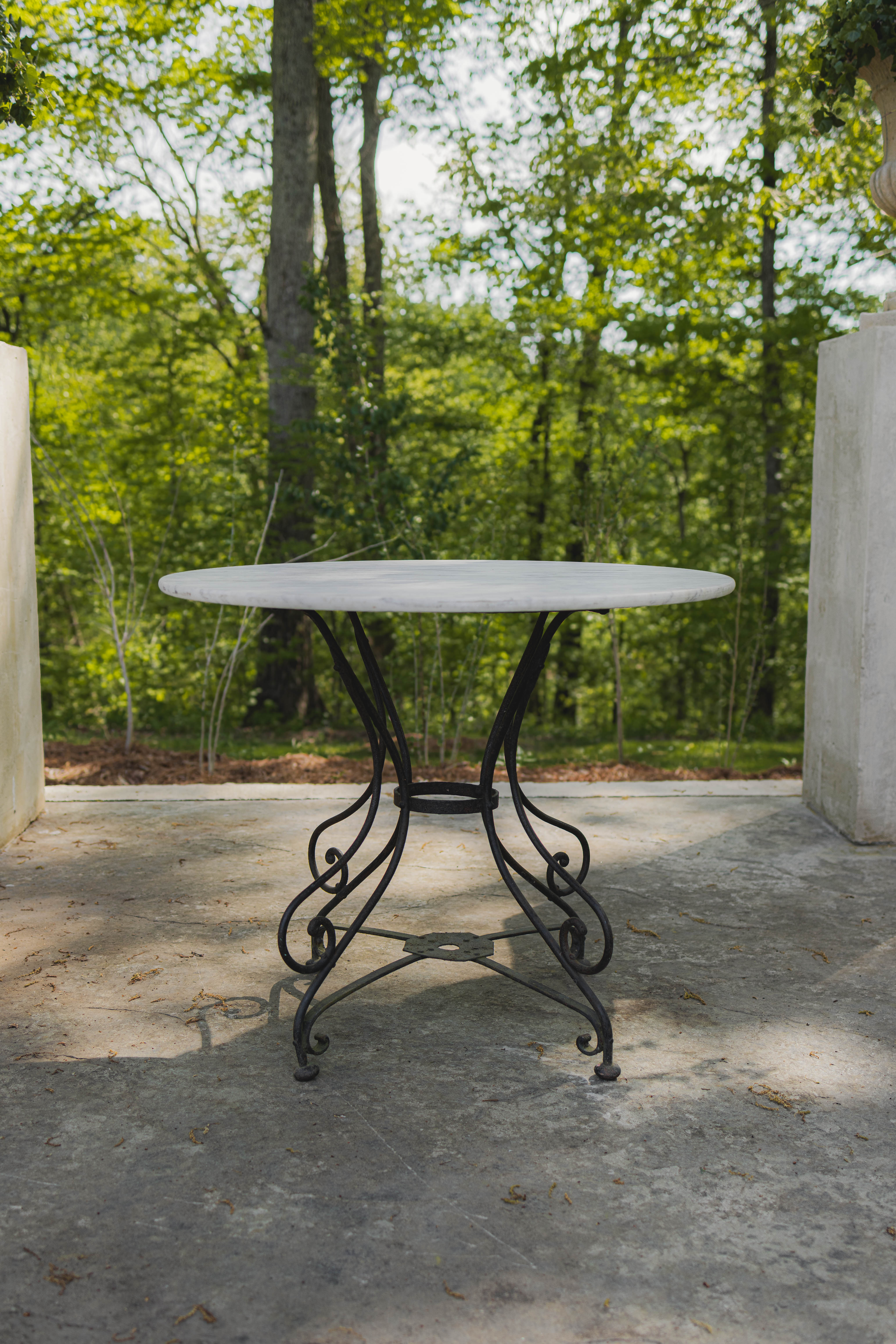 French Marble Top Garden Table with Scroll Iron Base