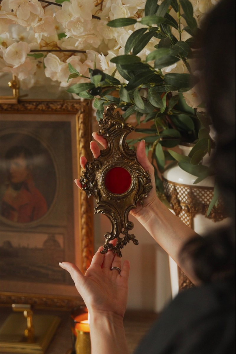 French Rococo Revival Bronze Pocket Watch Holder with Ruby Velvet Display Medallion, Late 19th Century