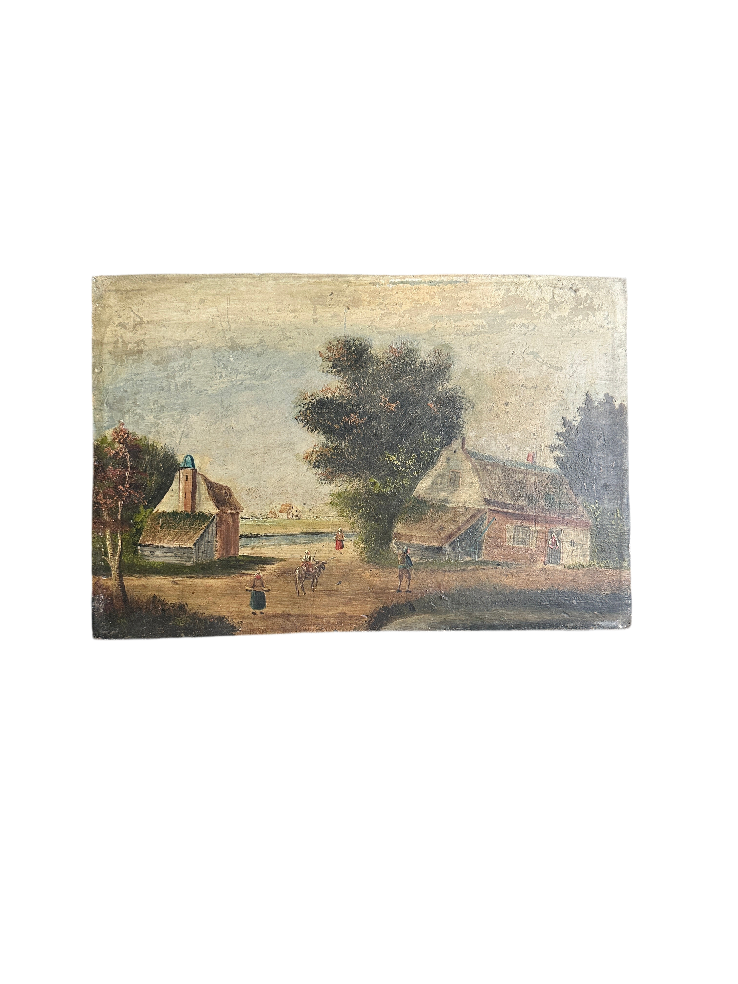 19th Century Oil on Panel - Pastoral Village Scene