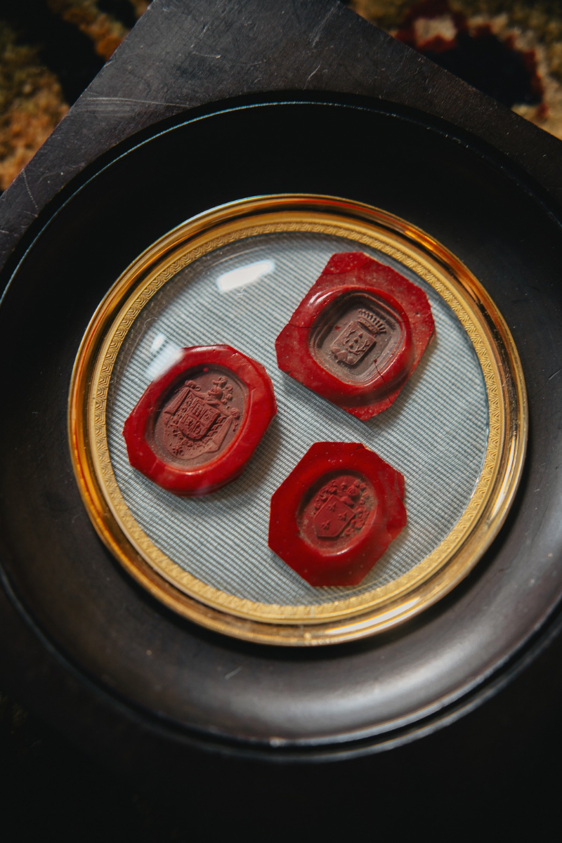 Antique French Framed Collection of Three Red Wax Intaglio Seals - A