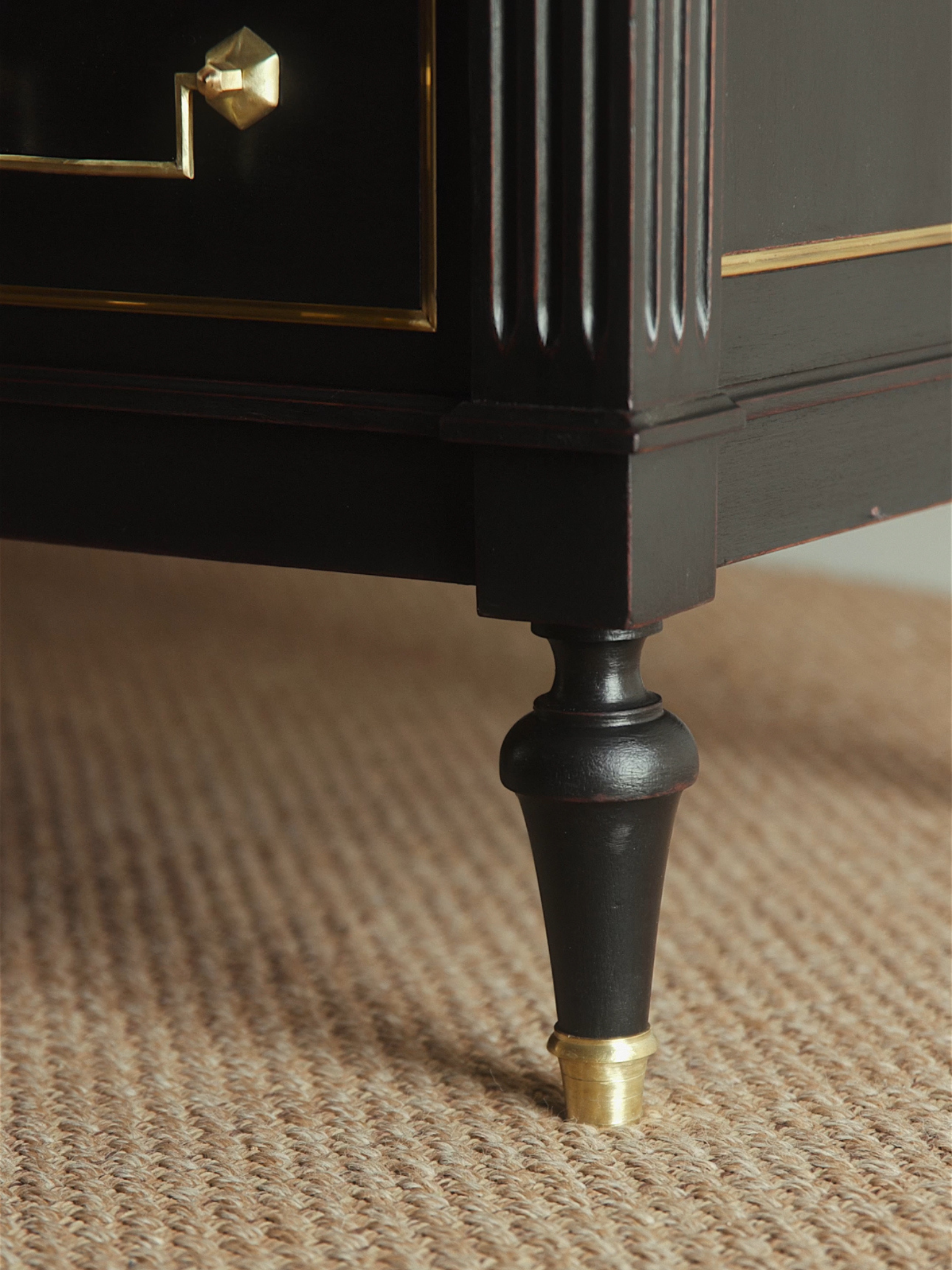 Louis XVI Style Black Lacquered Commode with Brass Trim & Carrara Marble Top