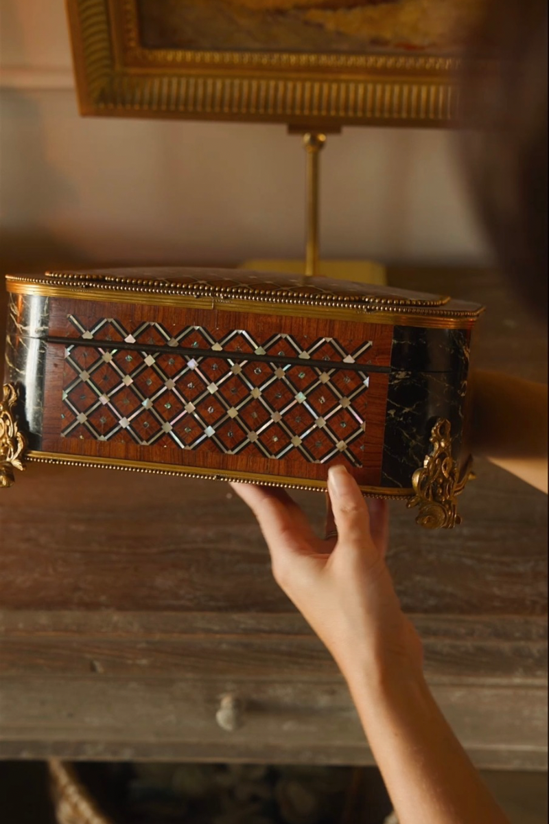 19th C. French Napoleon III Marquetry & Ebonized Jewelry Casket With Tufted Blue Silk Interior- 1870