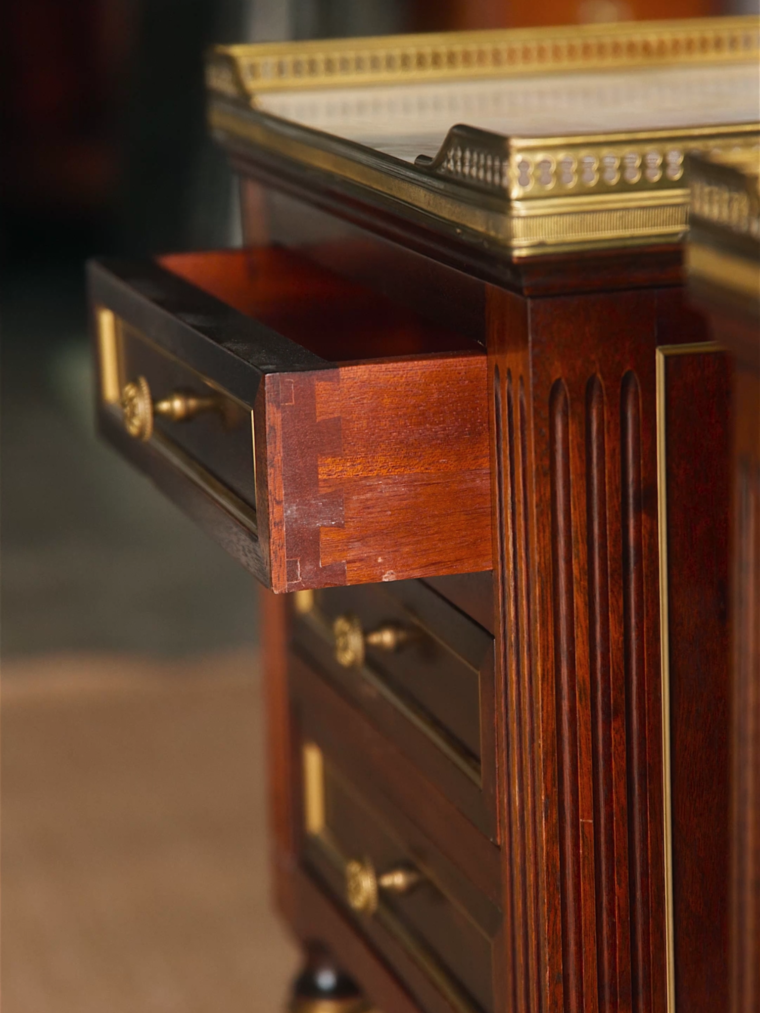 Pair of French Louis XVI–Style Nightstands With Marble Tops