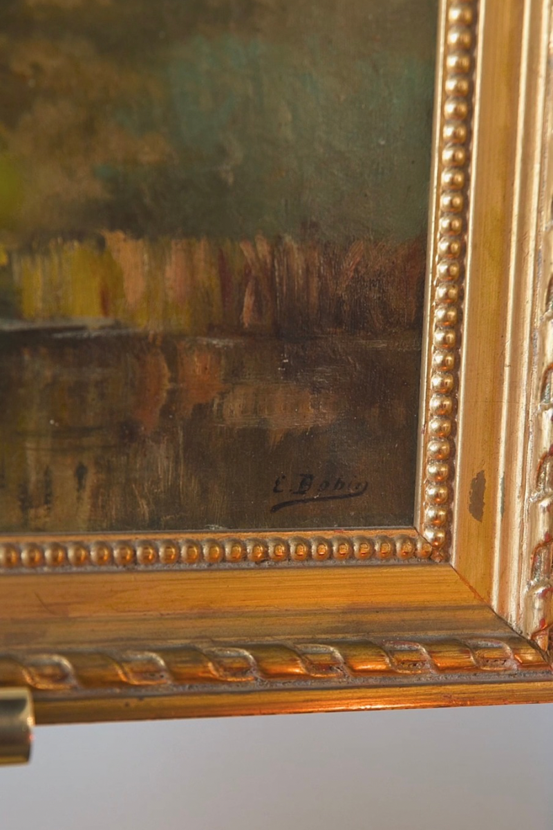 French Landscape Oil Painting Signed “L. Dubois” in Gilt Frame