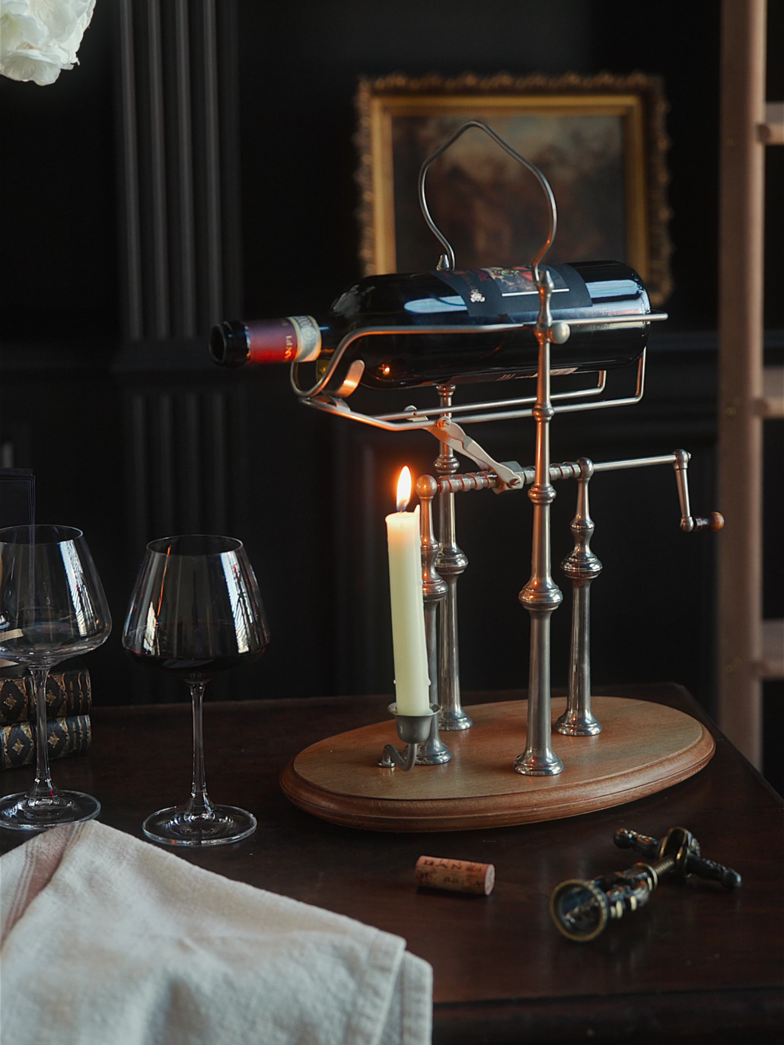 19th-Century French Silver-Plated Wine Cradle with Candle and Hand Crank