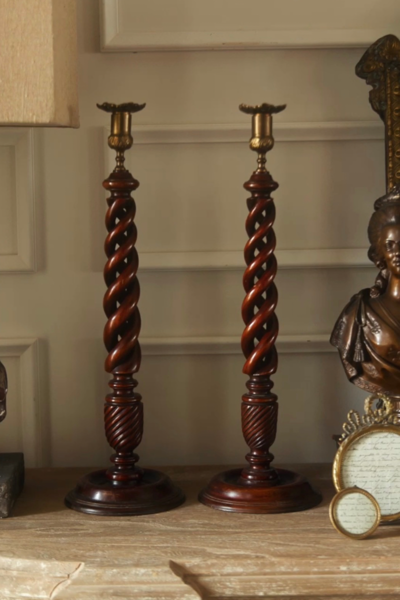 19th Century English Barley Twist Mahogany Candlesticks