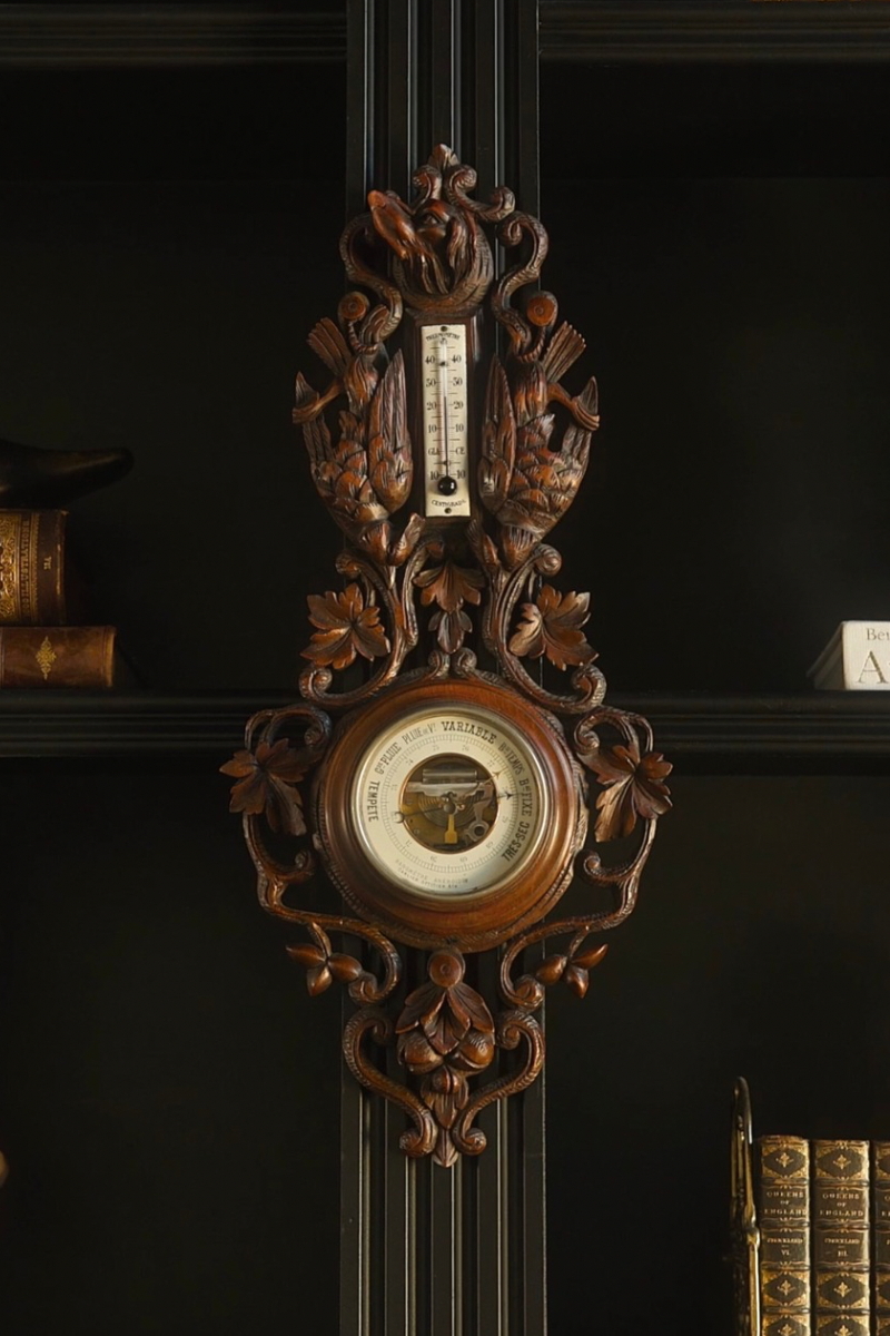 19th C. Black Forrest Carved Hunt Barometer & Thermometer