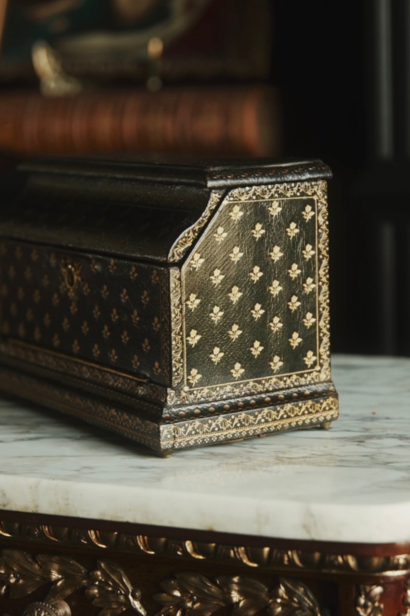 19th Century French Leather Writing Box with Silk & Velvet Interior and Inkwell