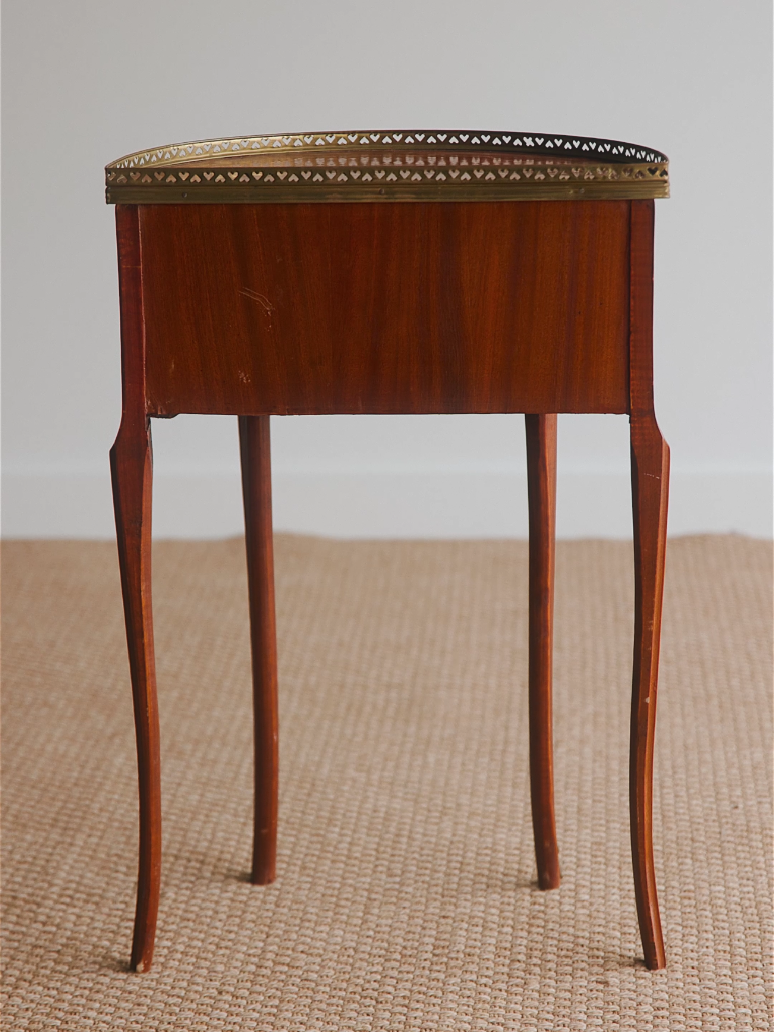 French Louis XV–Style Marquetry Demilune Side Table With Bronze Ormolu & Heart-Pierced Gallery