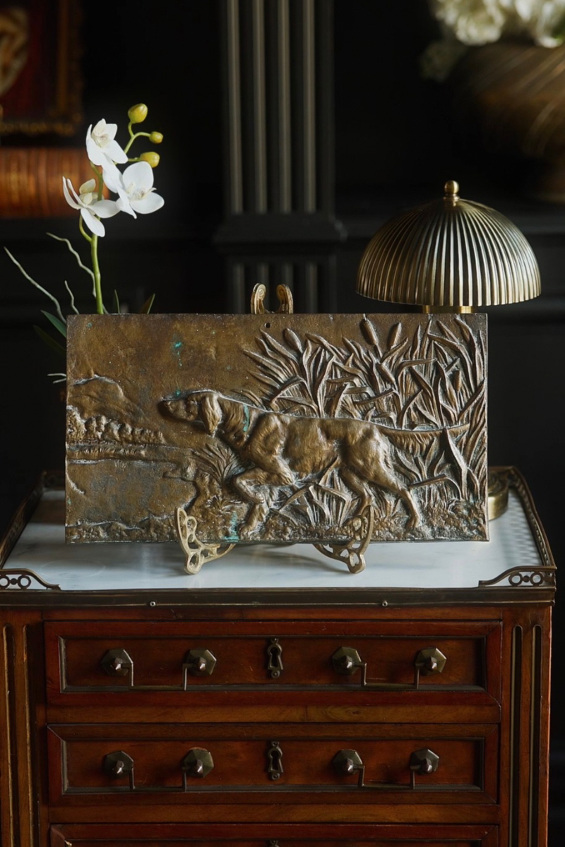 Antique French Bronze Hunting Dog Bas-Relief Plaque
