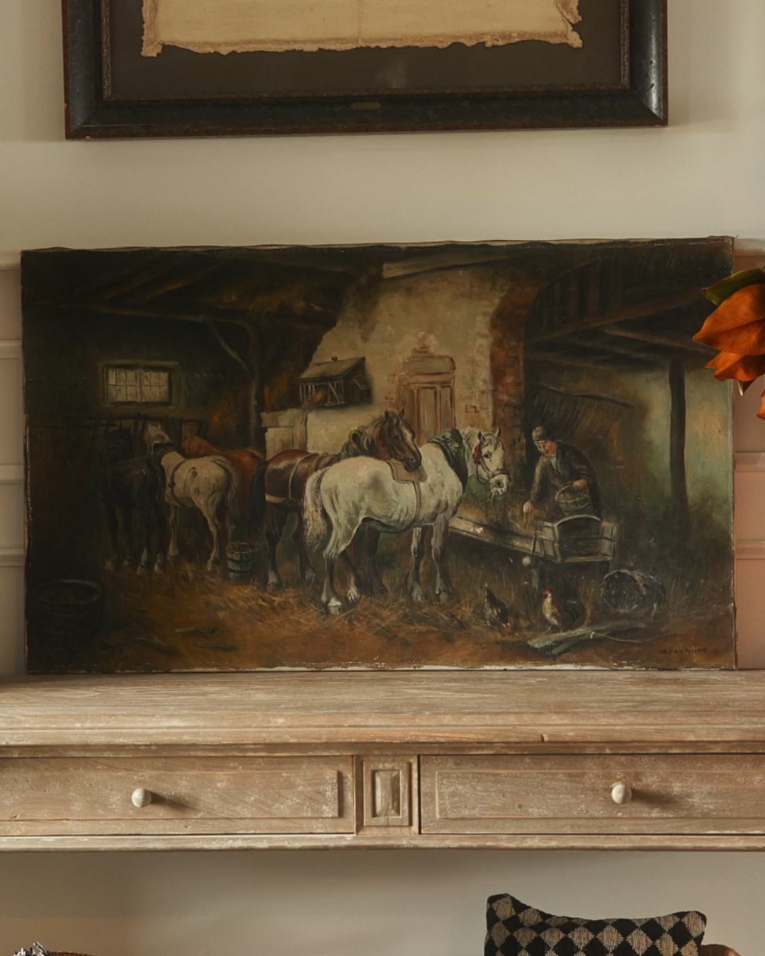Antique Stable Interior Oil Painting with Horses — Late 19th Century, Belgium