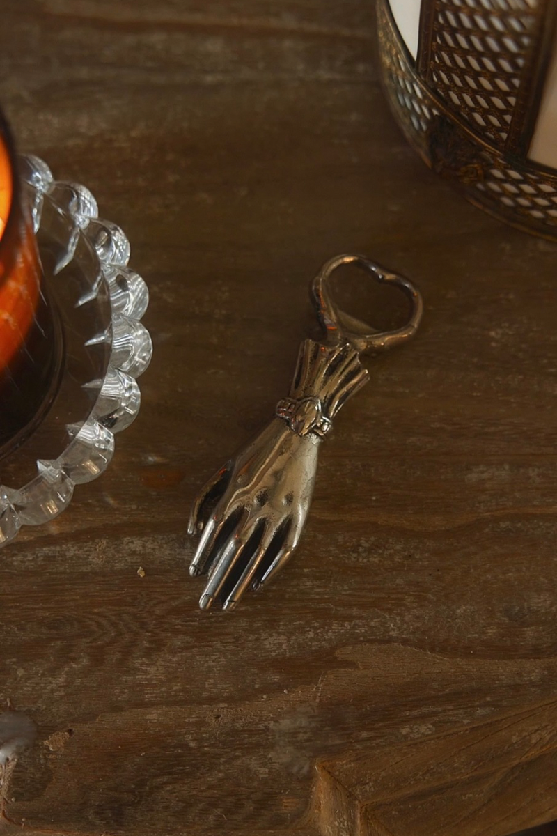 Silver-Plated Figural Hand Bottle Opener with Sculpted Bracelet & Flared Pleated Cuff