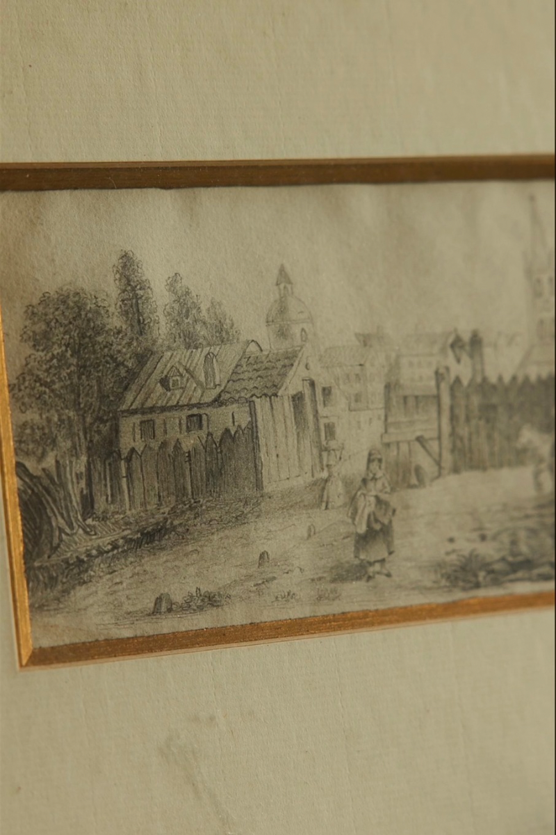 19th C. Small Pencil Drawing of a Village Street Scene