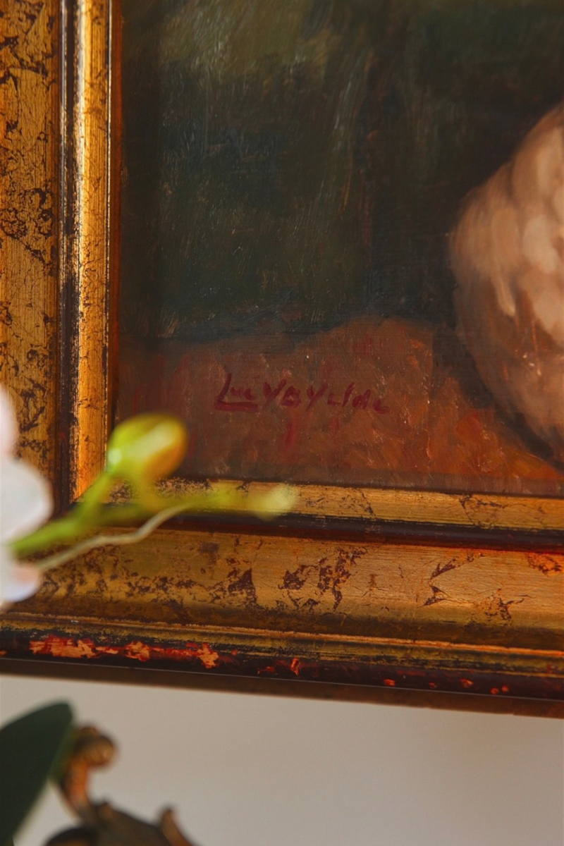 Reclining Nude with Spaniel | French School Oil Painting in Gilt Frame