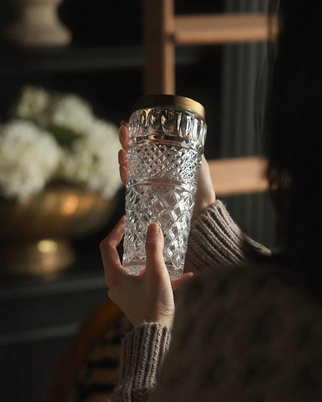 Early 20th Century European Cut Crystal Vase with Brass Collar
