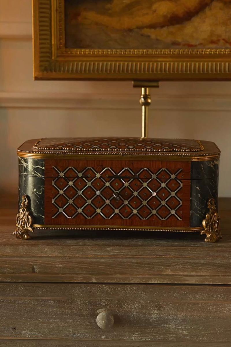 19th C. French Napoleon III Marquetry & Ebonized Jewelry Casket With Tufted Blue Silk Interior- 1870