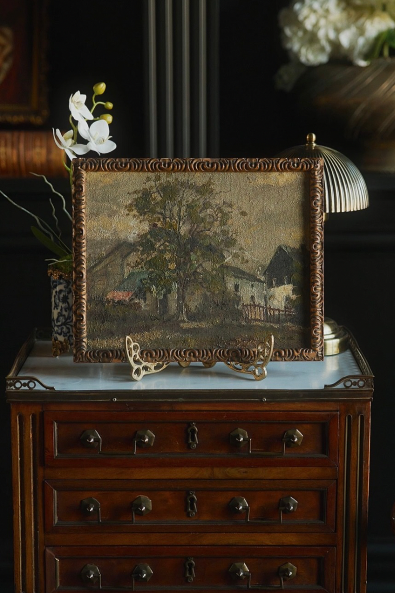Village Courtyard Landscape Painting on Wood in an Ornamental Frame