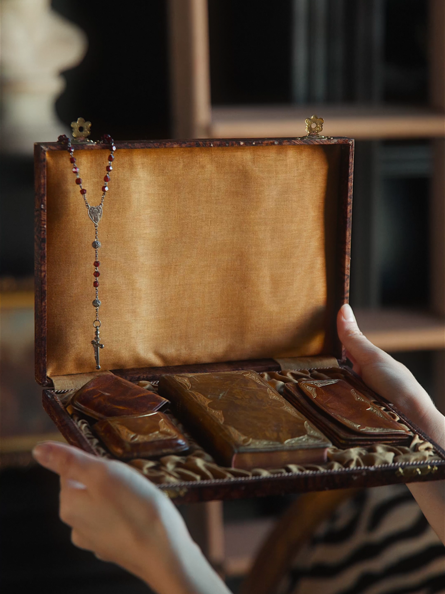 19th-Century French Devotional Travel Set in Tooled Leather Case