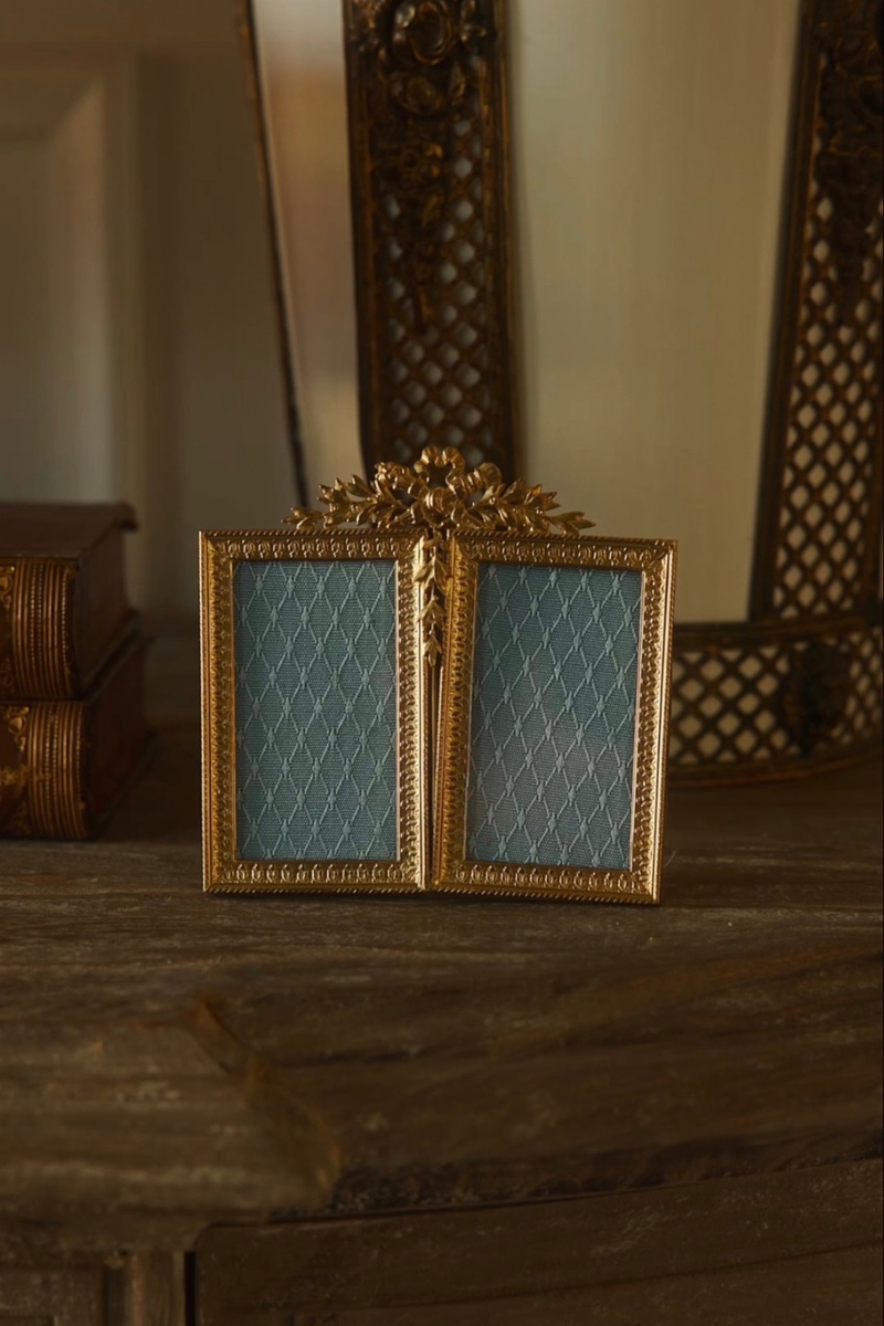 19th C. French Gilt Bronze Double Portrait Frame with Laurel & Torch Crest