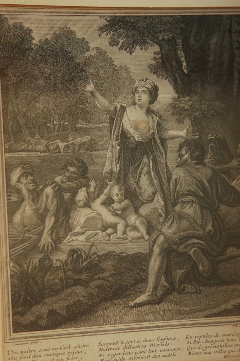 “Latona & the Lycian Peasants” — French Mythological Etching by Jean-Baptiste Scotin after Jean Jouvenet, Published by Joseph Limosin, in an Ornate Gold-Finished Frame