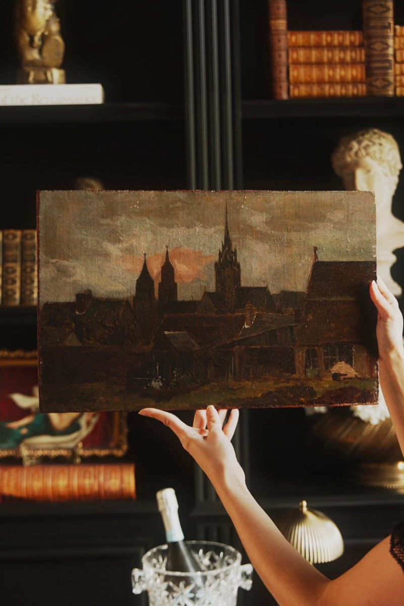 French Moody Cathedral Landscape Oil on Wood Board, Barbizon School Influence, Late 19th Century