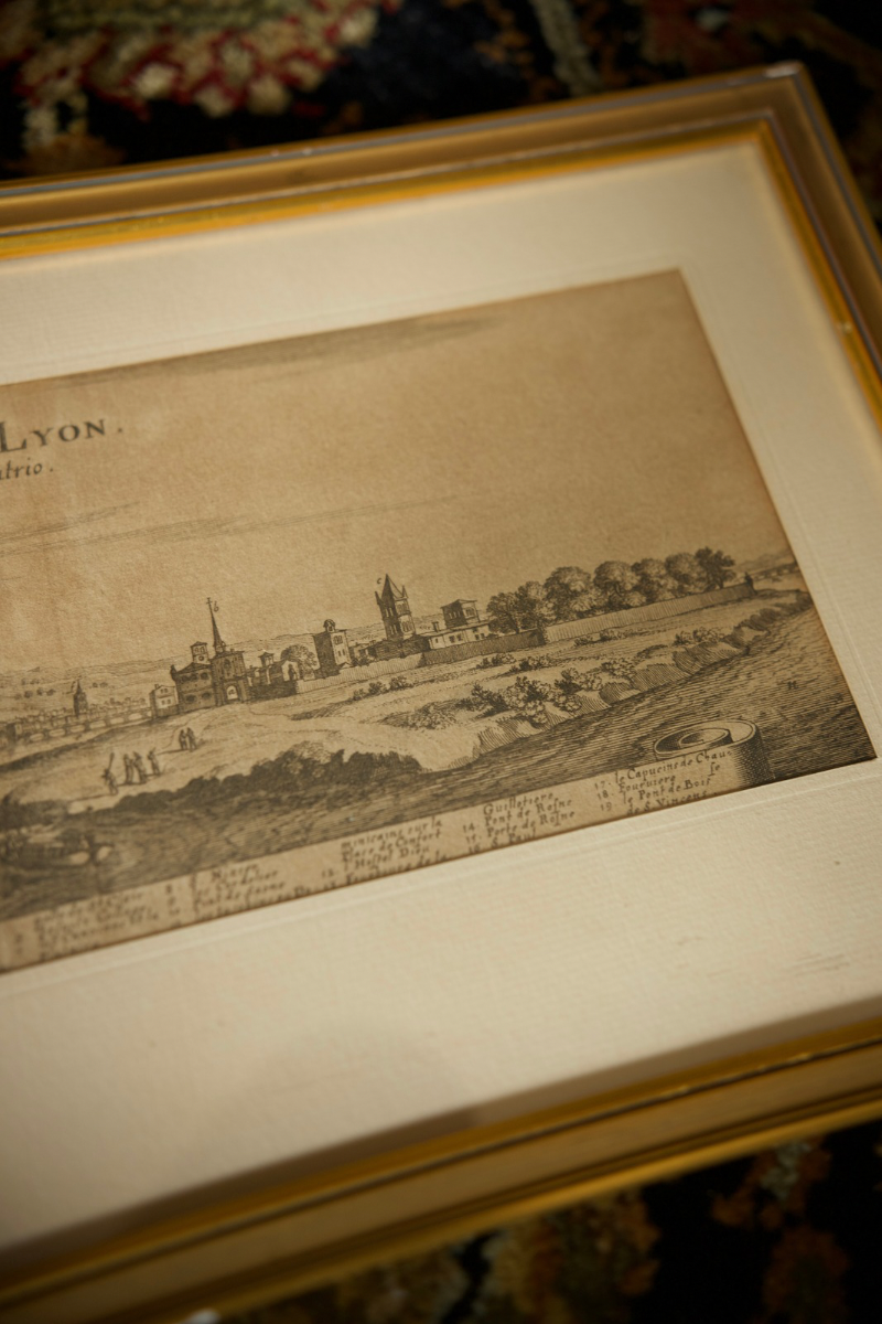 1657 Engraving After Matthäus Merian (1593–1650) “Prospect de la Ville de Lyon du Coste de Septentrion,” Panoramic View of Lyon from the North from Topographia Galliae, Published in Frankfurt.