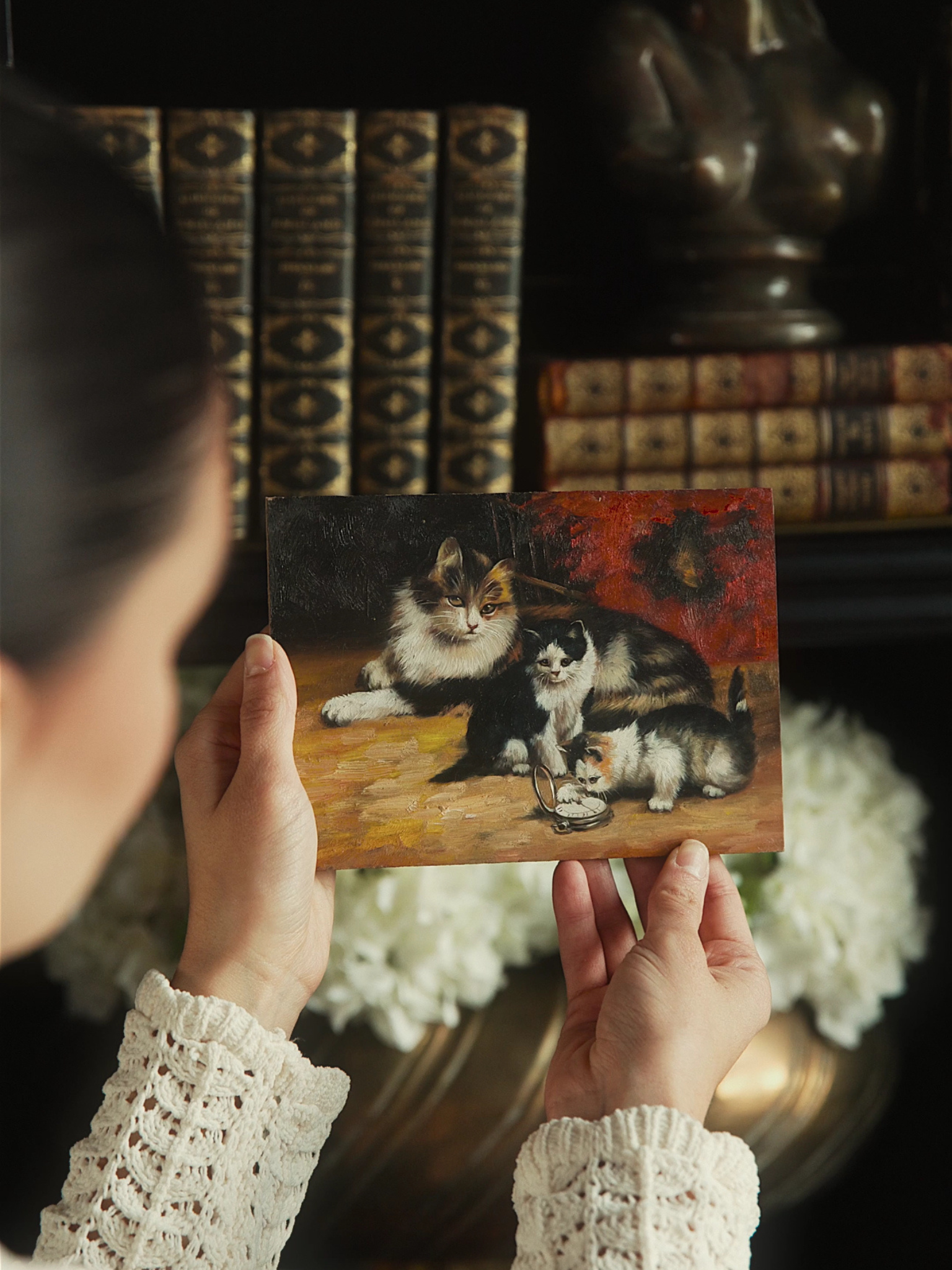 Antique Oil on Panel: Kittens at Play with a Pocket Watch