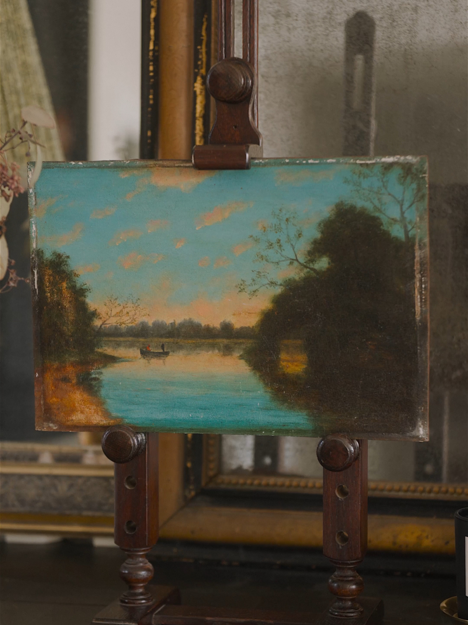 Antique Oil on Wood - "Evening on the River"