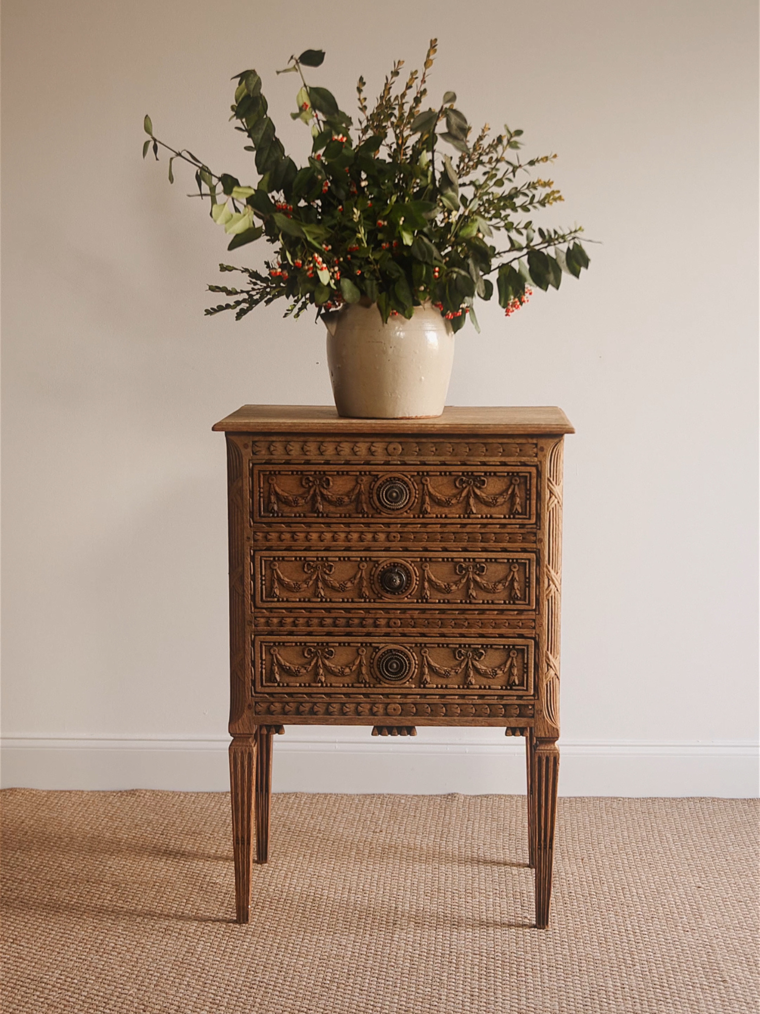 French Neoclassical Carved Oak Petite Commode