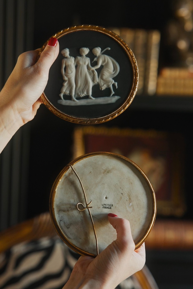 Pair of Vintage Mid-Century Neo-Classical Porcelain Plaques – Limoges Style Black & White Cameo Medallions in Gilt Frames