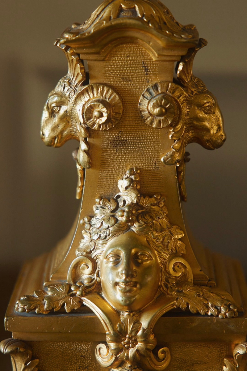 19th-Century French Gilt-Metal Andirons with Ram’s Heads