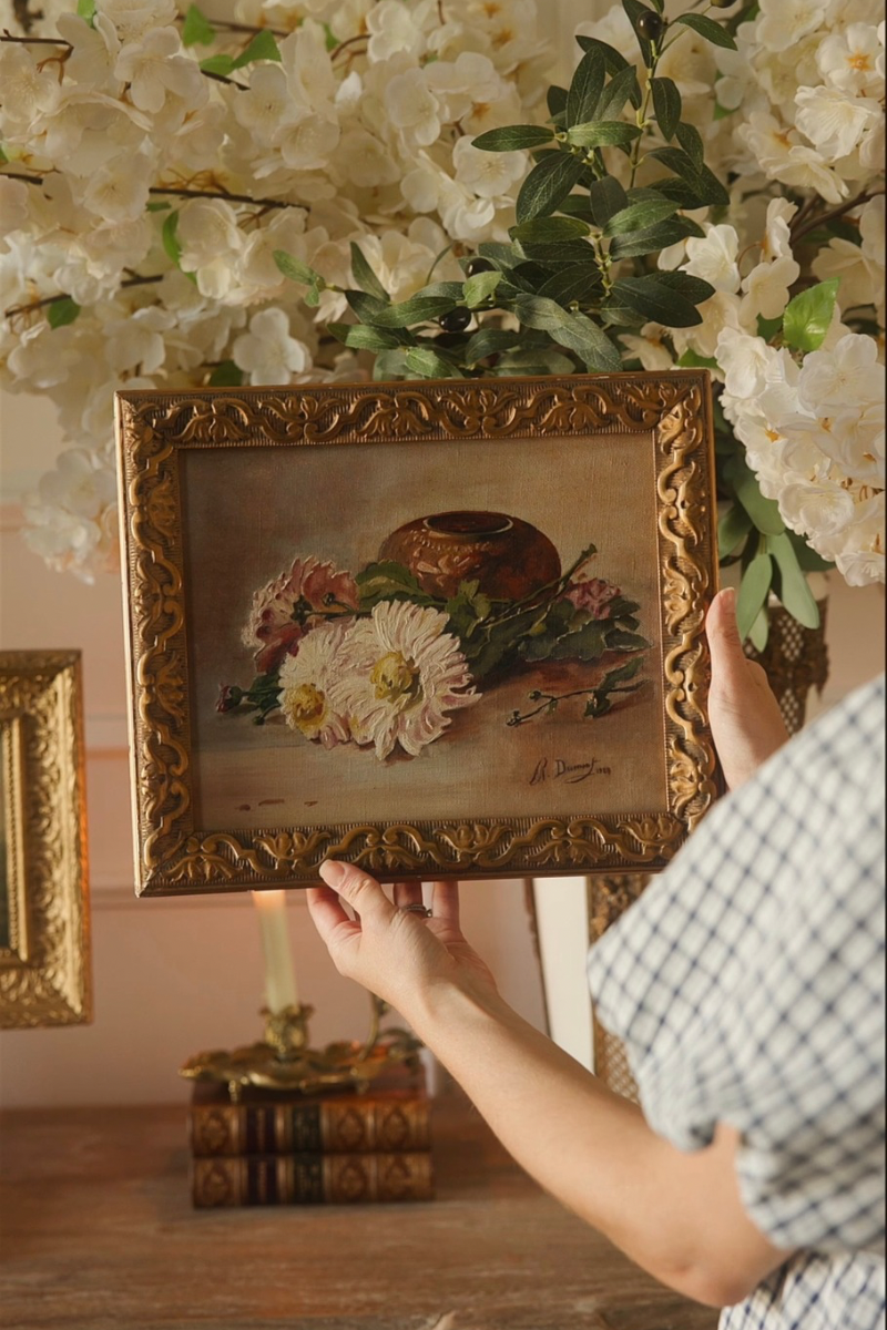 Signed French Floral Still Life with Earthenware Pot | Dated 1902 Oil on Canvas in Original Gilt Frame