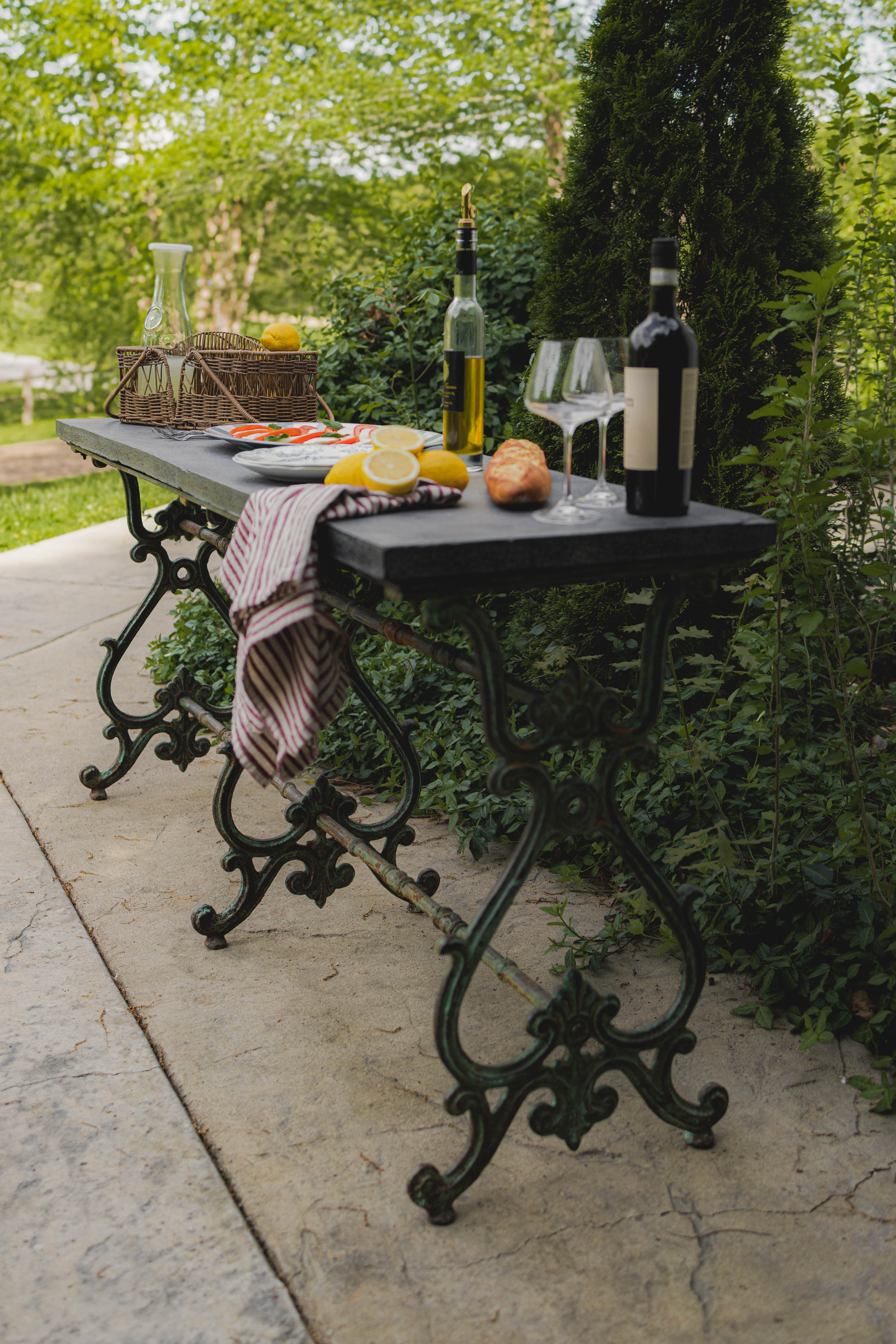 Antique Wrought Iron French Outdoor Console with Blue Stone Top