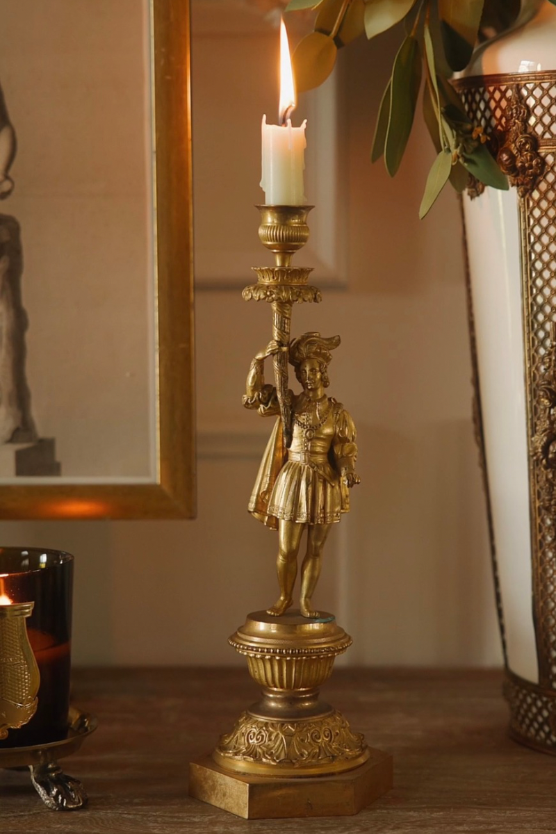 19th C. French Empire Revival Figural Bronze Candlestick with Courtier Figure