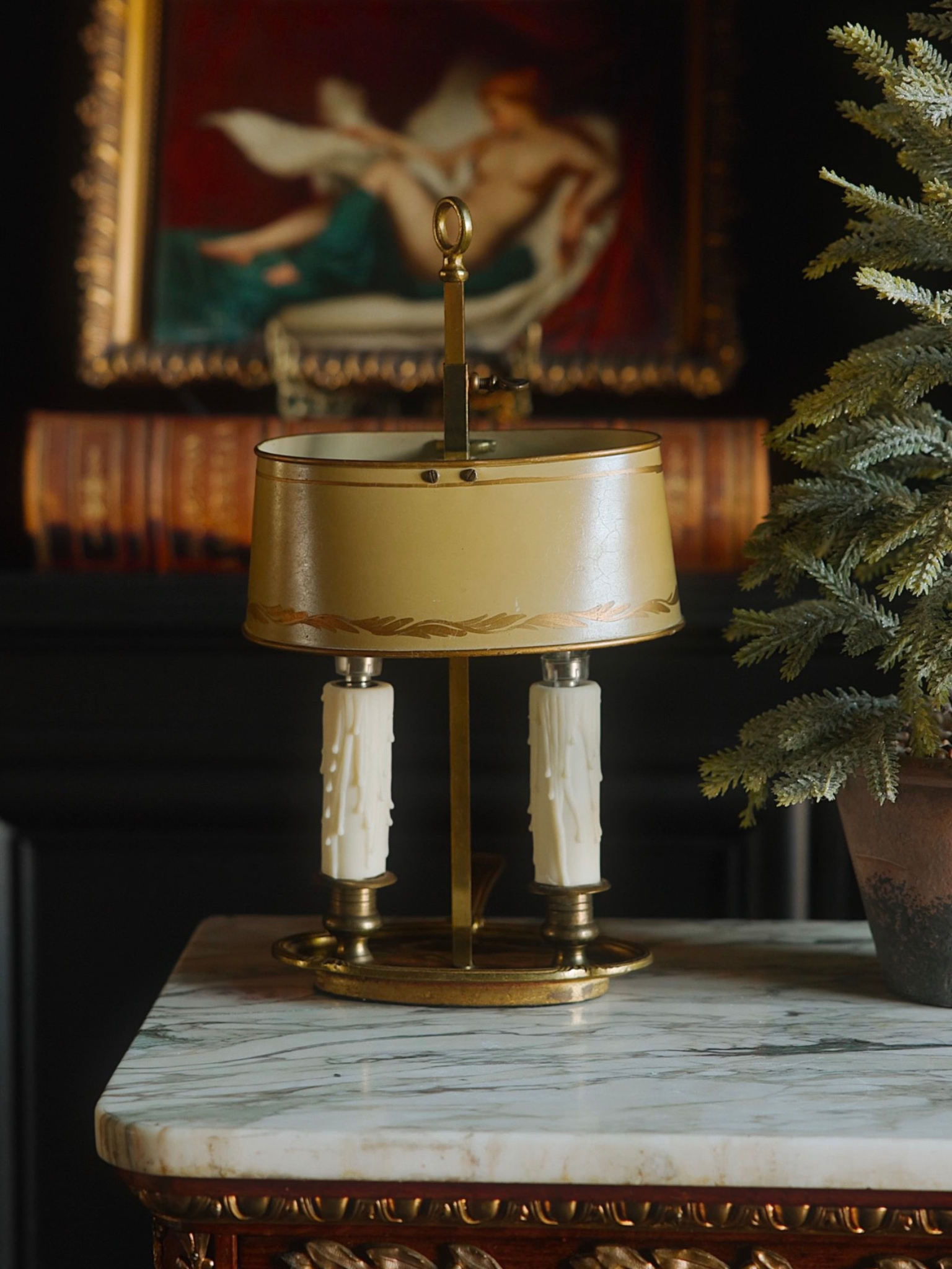 Early 20th-Century French Bouillotte Table Lamp With Ivory Tôle Shade and Twin Candle Lights