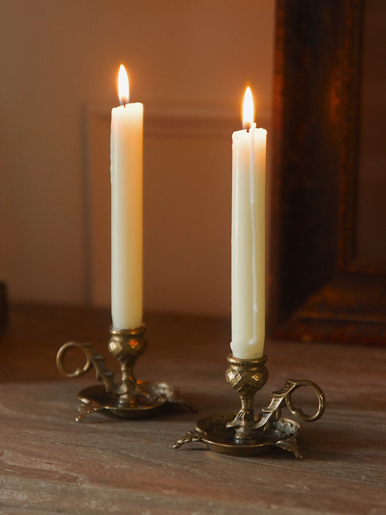 Petite Antique Brass Chamberstick Pair