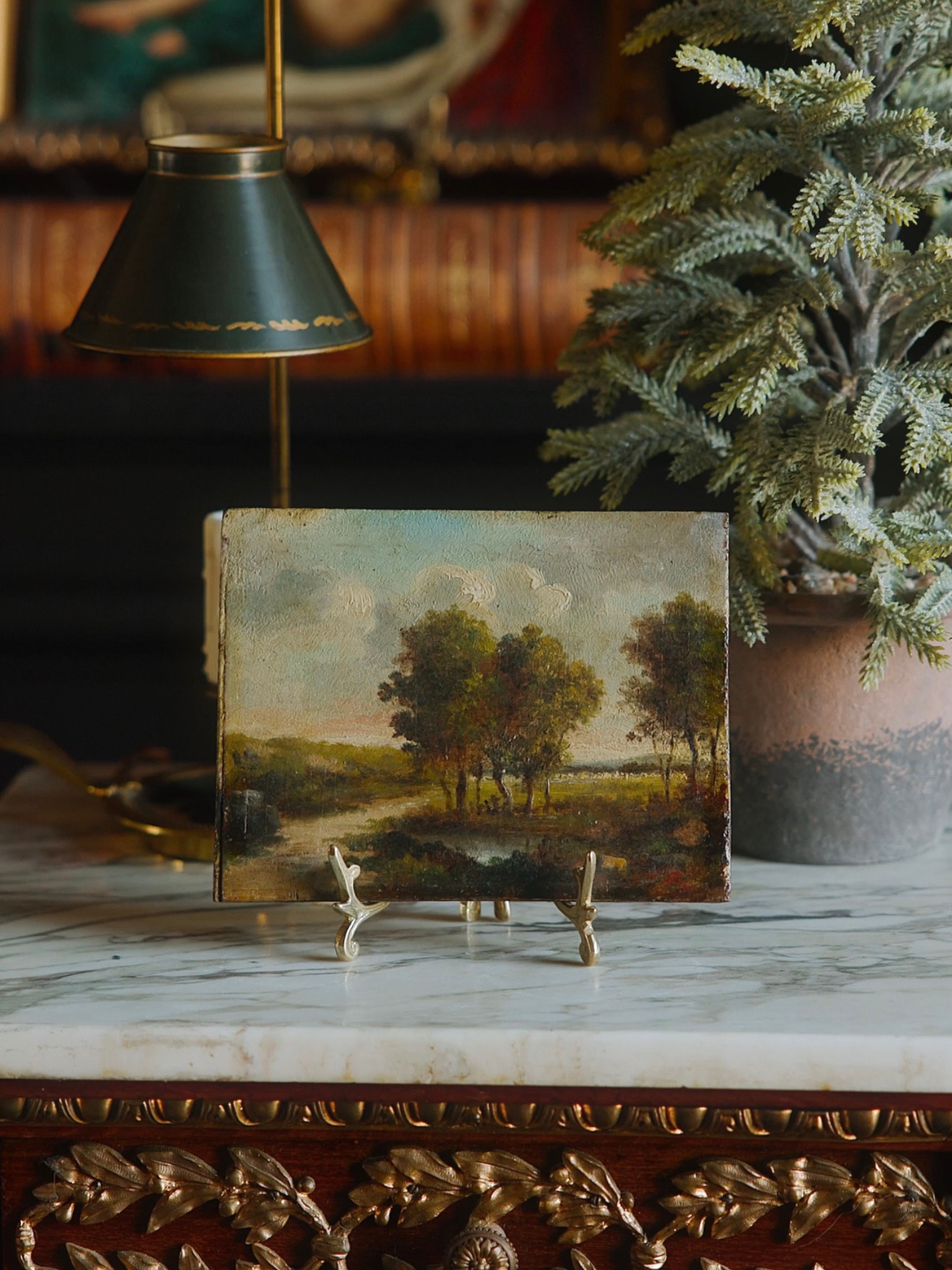 Antique European Hand-Painted Landscape Panel on Board