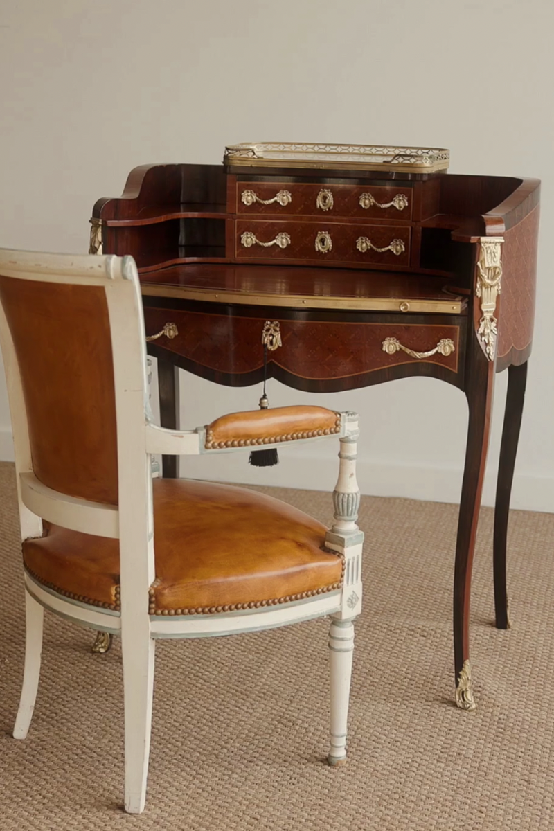 19th Century French Louis XV–Style Marquetry Writing Desk with Marble Gallery Top