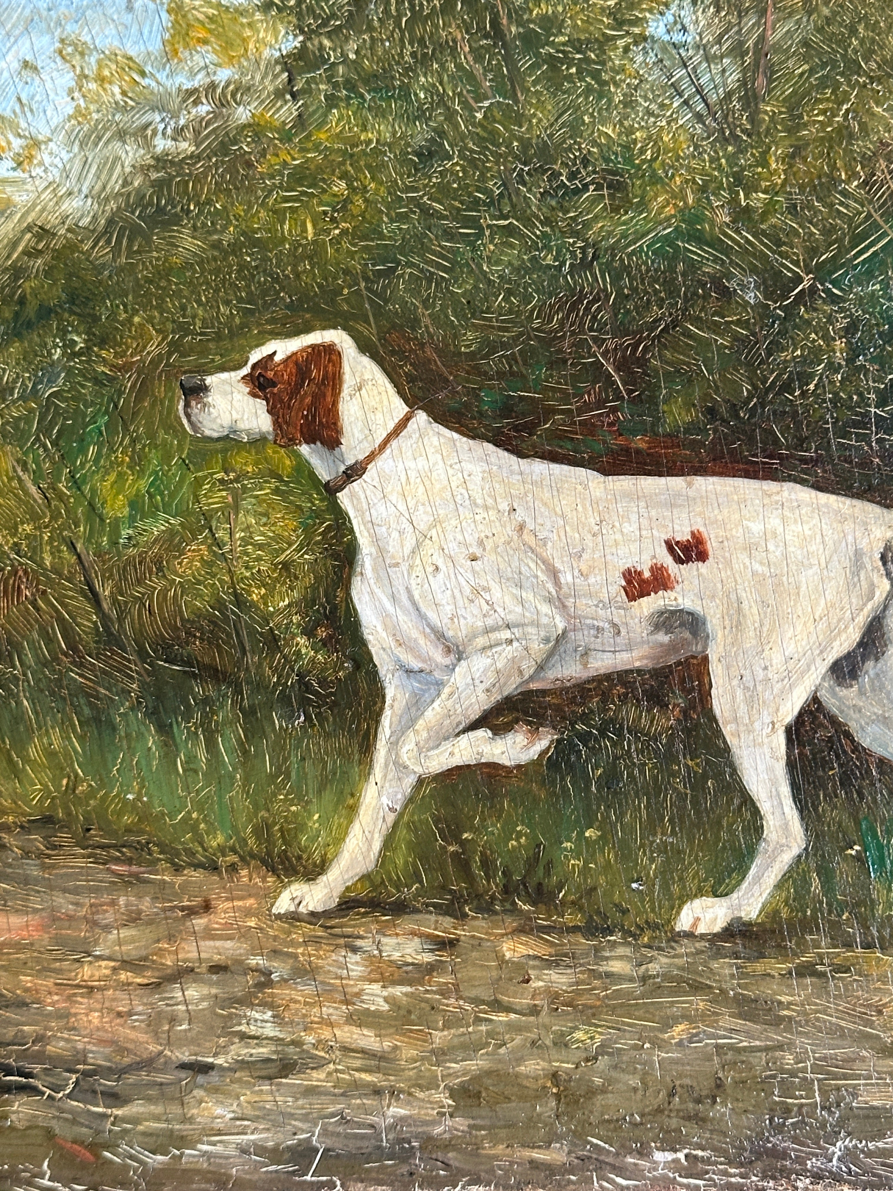 Antique Sporting Dog Oil Painting on Wood Panel