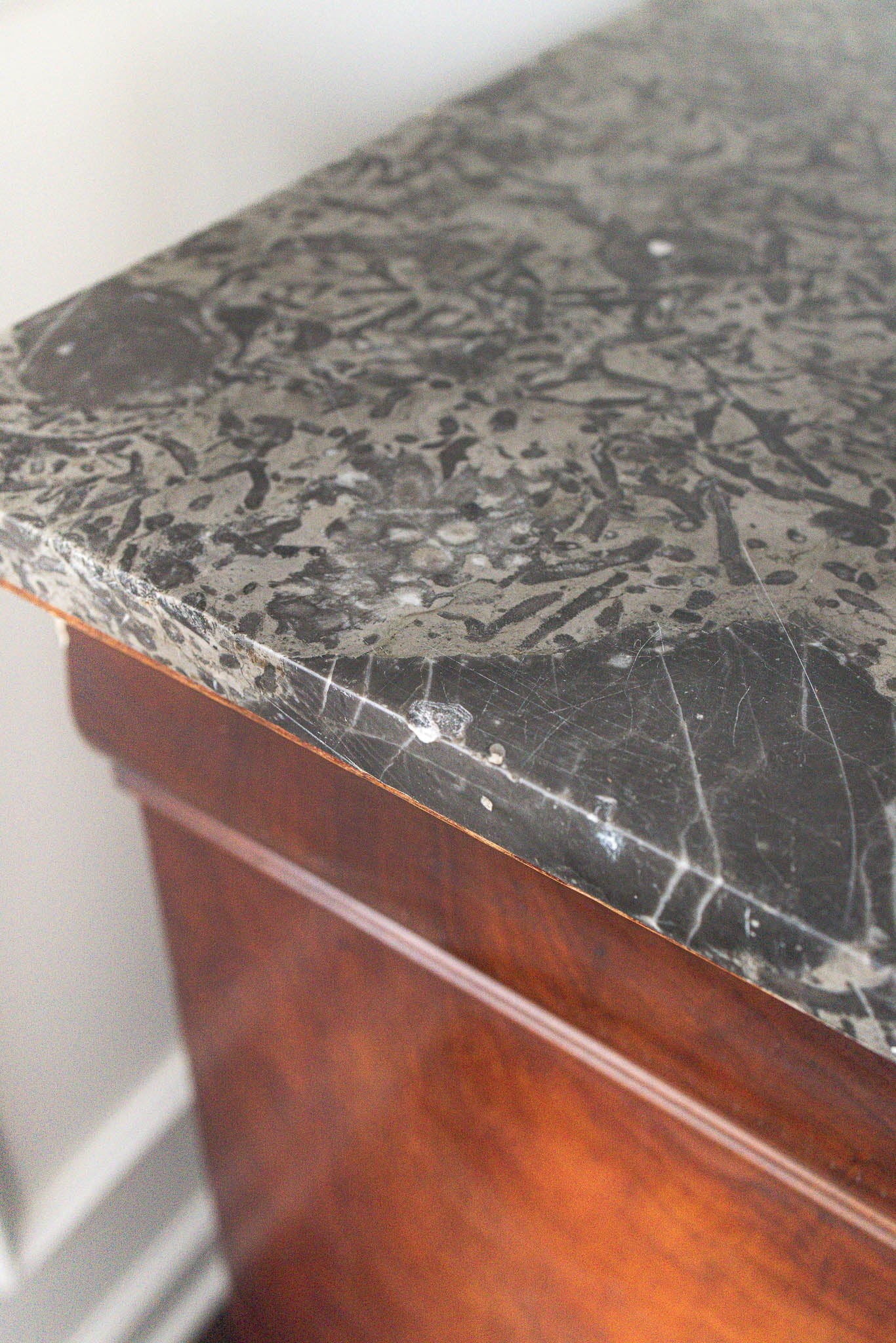 19th Century Black Marble Top Mahogany Commode with Ornate Bronze Detail