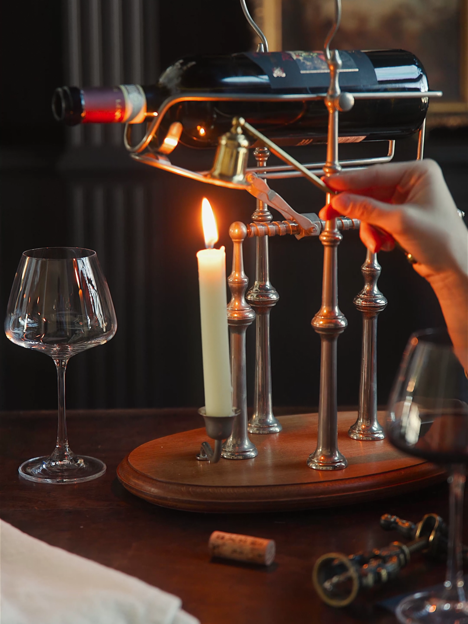 19th-Century French Silver-Plated Wine Cradle with Candle and Hand Crank