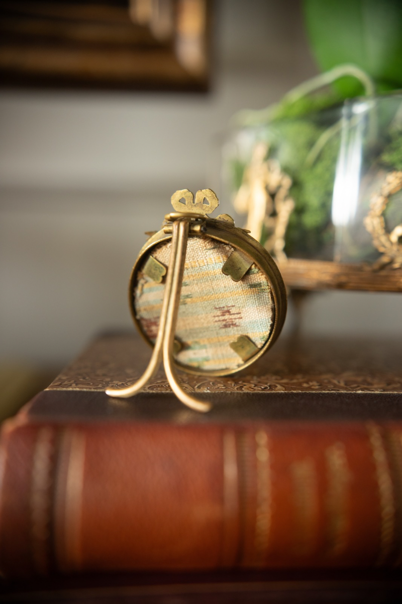 Miniature Brass 19th C. Ribbon & Bow Frame with Antique Fabric Backing