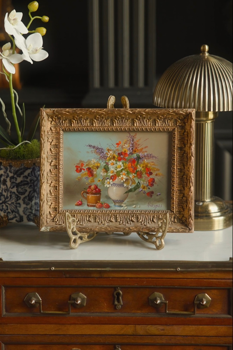 Signed French Floral Still Life with Wildflowers, Faience Pitcher & Strawberries | Mid-20th Century Oil on Board in Gilt Frame