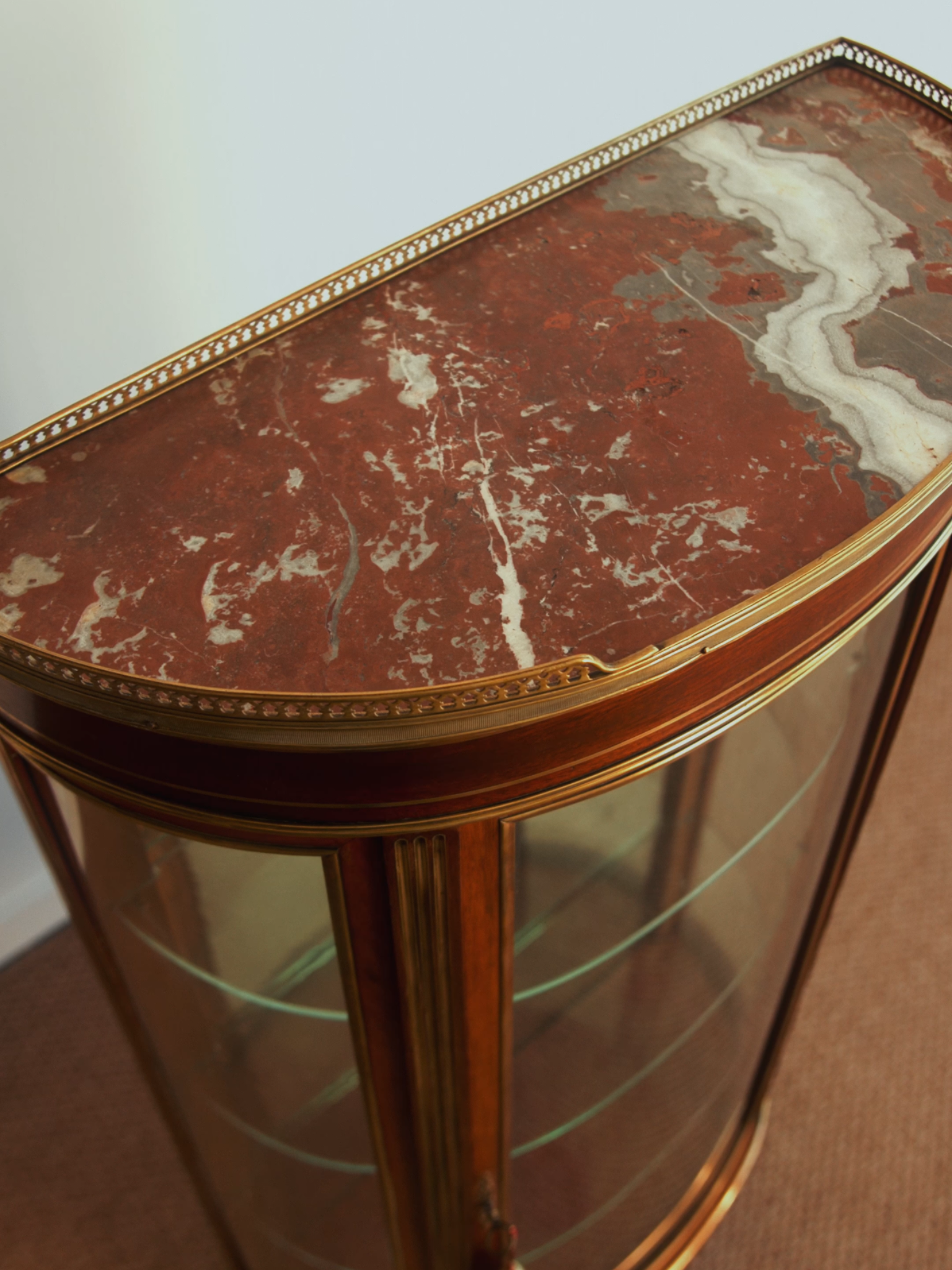French Louis XVI Curved Vitrine With Rouge Marble Top