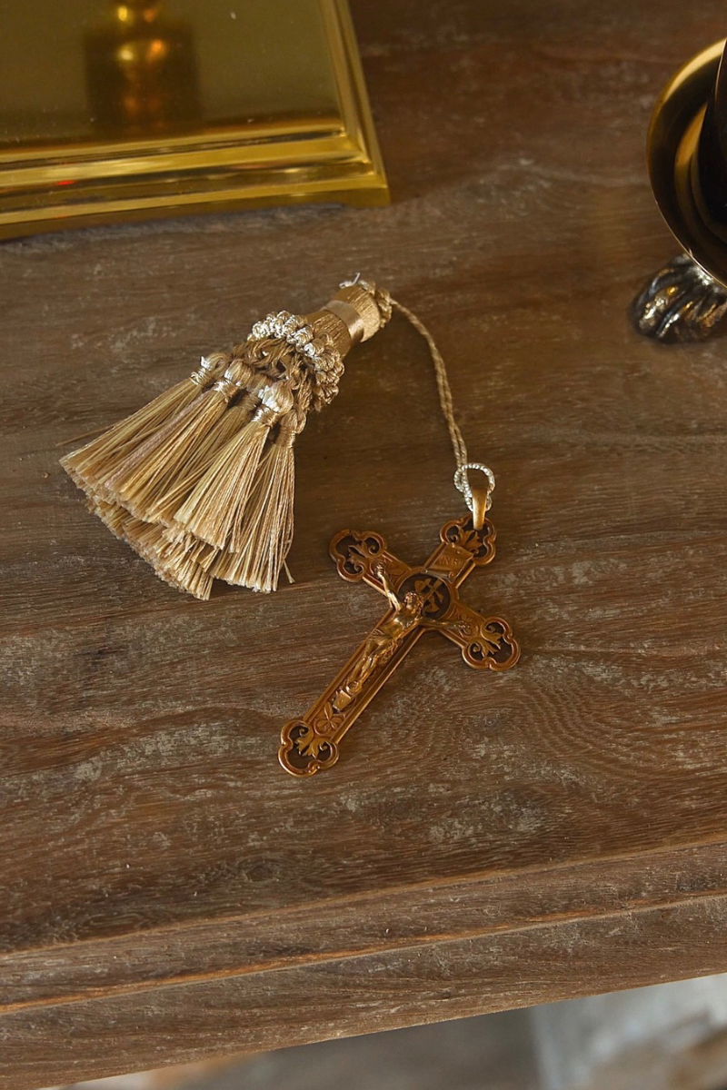 Antique French Gilt Metal Crucifix & Silk Tassel Missal Bookmark