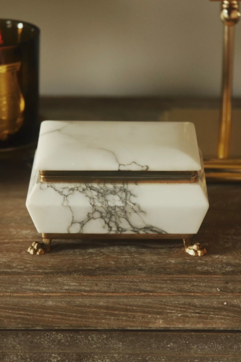 Italian Marble Jewelry Box with Brass Trim & Claw Feet