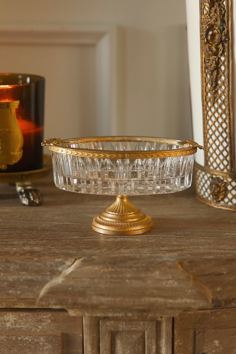 Antique Cut Crystal & Gilt Bronze Pedestal Compote with Leaf Mounts
