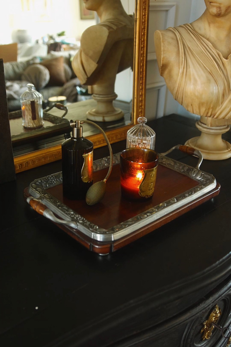 Wood and Silver-Plated Serving Tray with Harvest Border